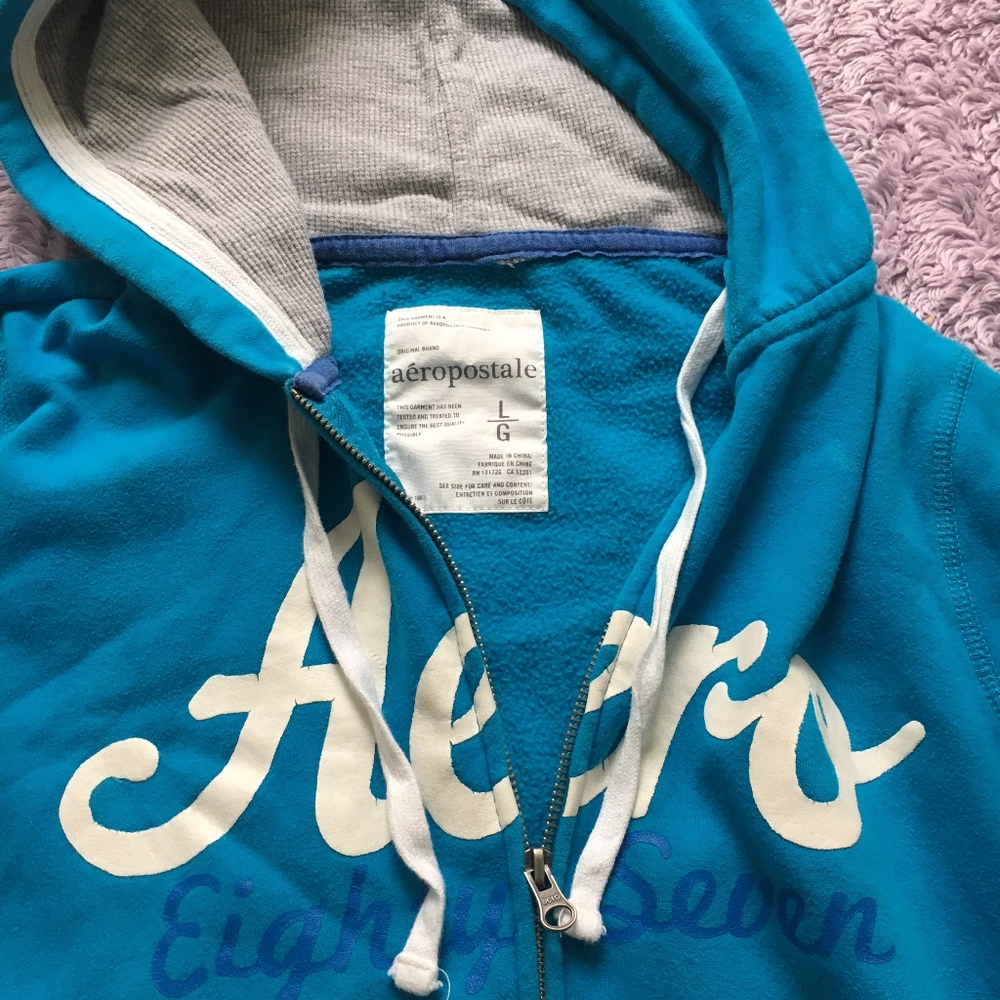 AERO Blue & White Zip-Up Fleece Hoodie Jacket